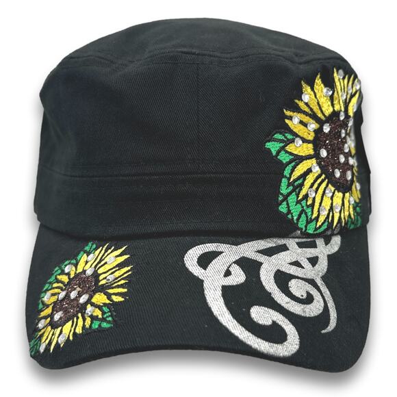 Sunflower Graphic Cadet Hat Rhinestone Round Top BDU Baseball Castro Cap - Picture 2 of 6